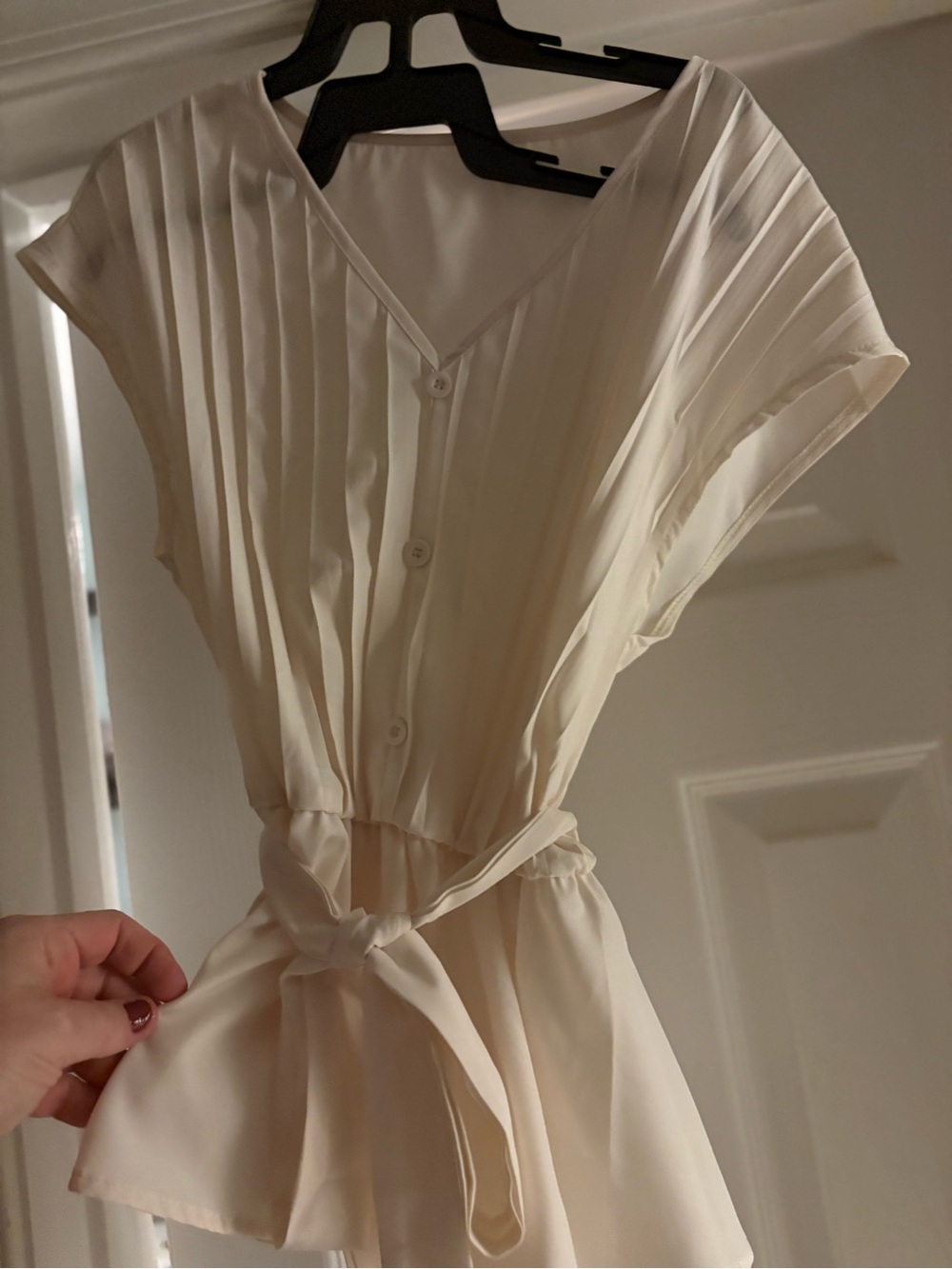 SHEIN Cream Button-Front Blouse with Waist Tie
